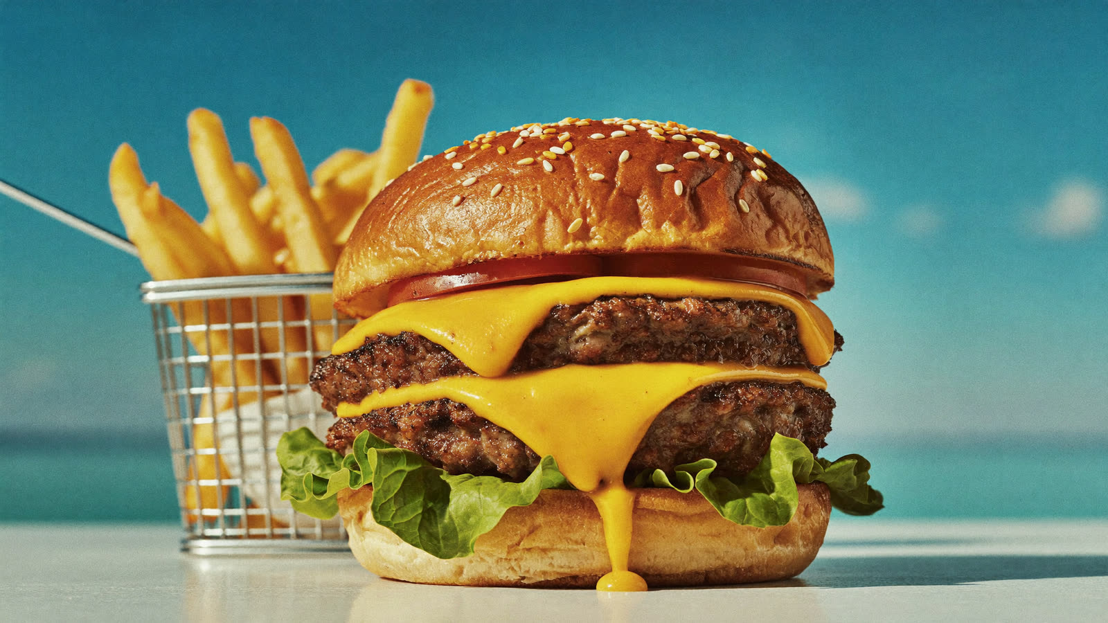 A juicy double smashed cheeseburger with melted cheese and a basket of golden fries under a bright blue sky
