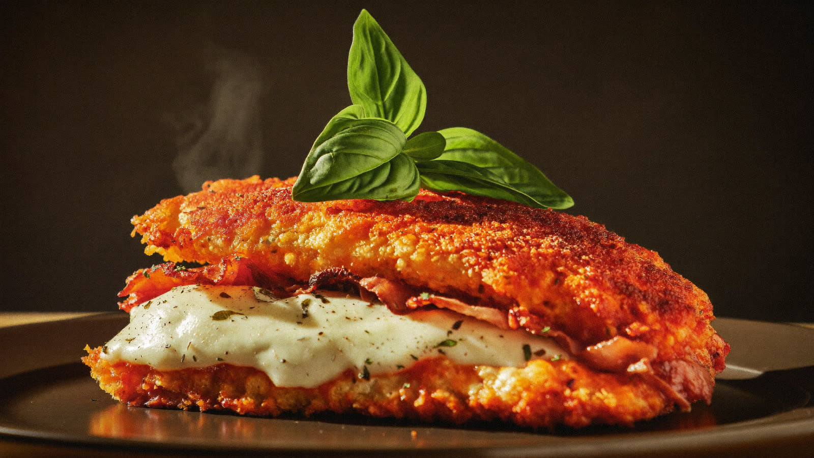 A loaded chicken schnitzel parmigiana smothered in napoli sauce, melted mozzarella, bacon and basil