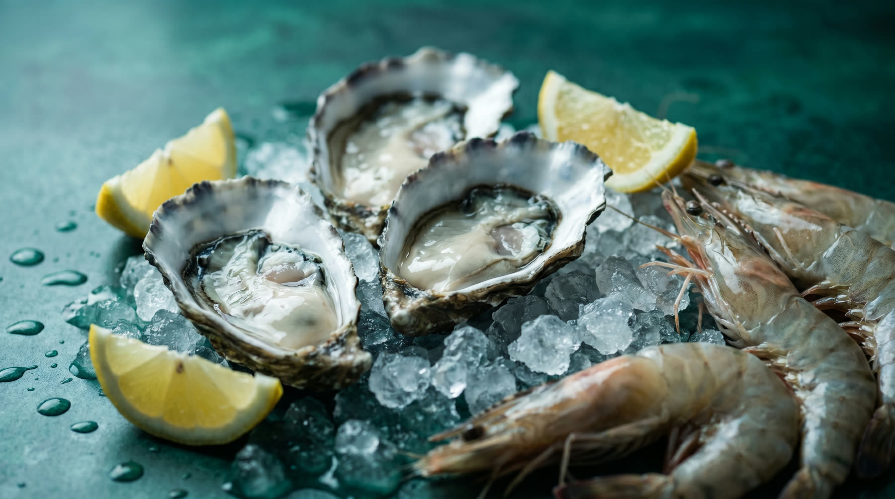Freshly shucked Sydney rock oysters on crushed ice with lemon and tiger prawns